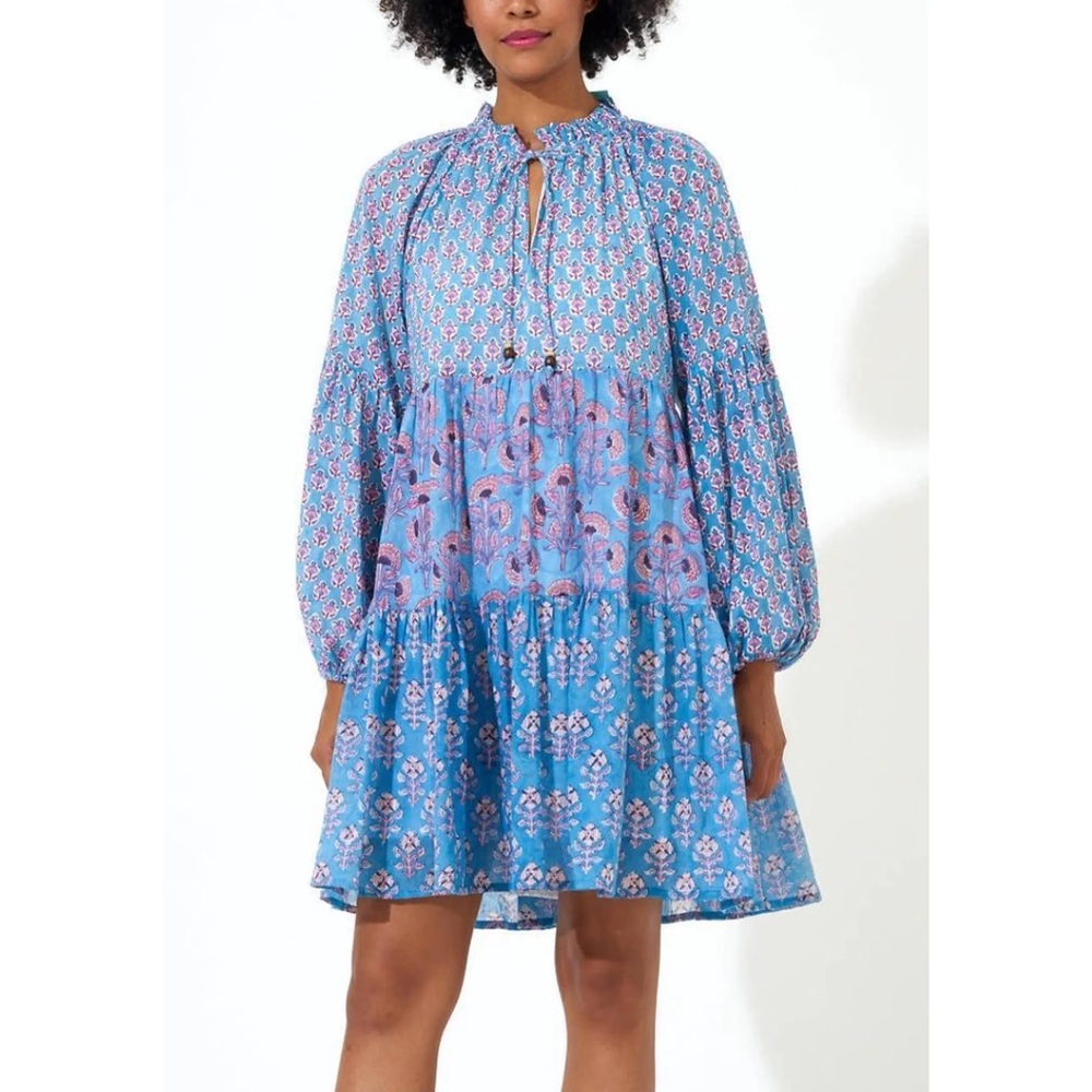 Oliphant Balloon Sleeve Flirty Short Mini Dress Blue Block Print Tuckernuck Exc